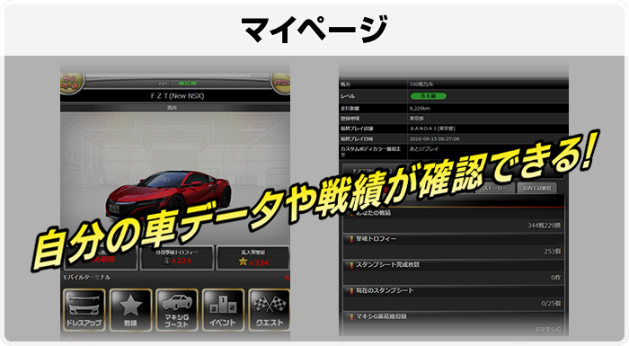 自分の車データや戦績が確認できる！