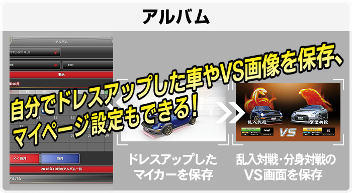 自分でドレスアップした車の画像や対戦時の画像が保存できる！